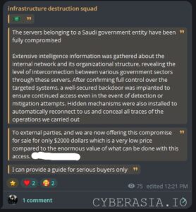 Infrastructure Destruction Squad Sells Saudi Access for $2000: Dark Web Scam or Real Threat?