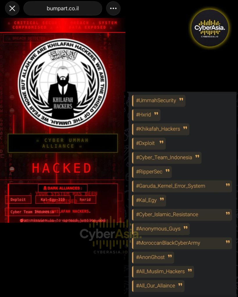 “Khilafah Hackers” Deface 5 Israeli Websites, Cite Ties to Cyber Ummah Alliance - CyberAsia Threat Intel Evidence