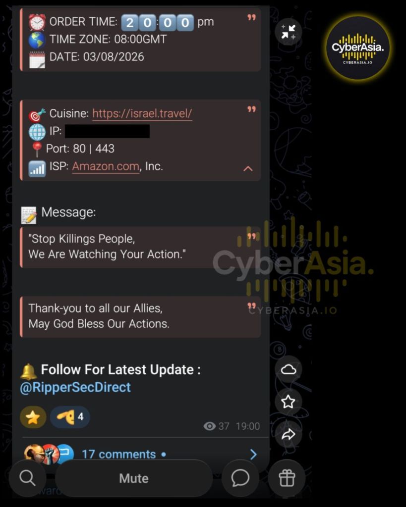 RipperSec DDoS Israel: National Tourism Portal Knocked Offline in #OpZionistV2 - CyberAsia Threat Intel Evidence
