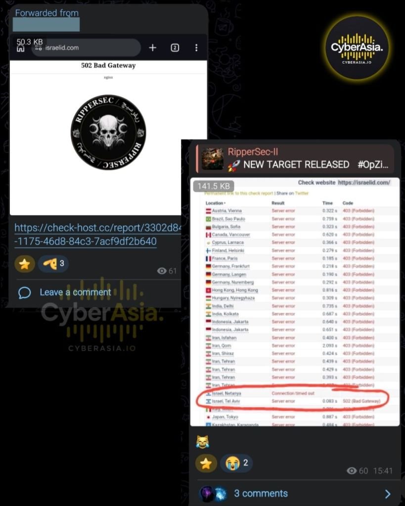 RipperSec & The Comrade’s Group Claim DDoS Attack on Israeli Tourism Site - CyberAsia Threat Intel Evidence