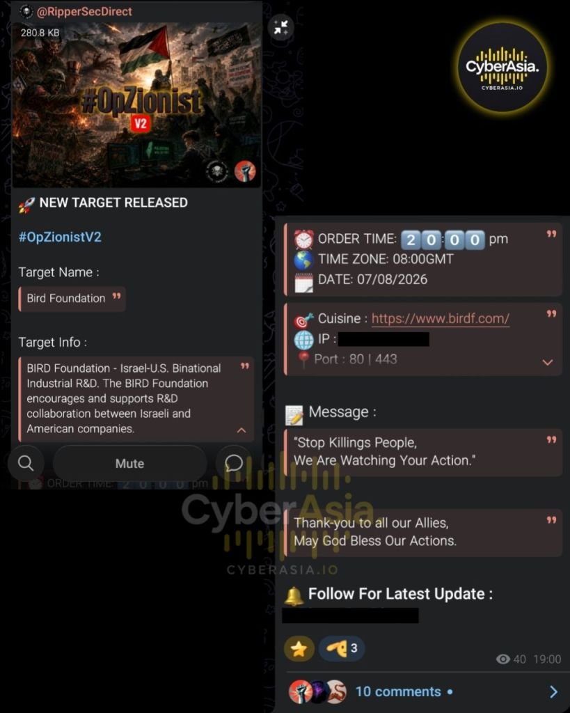 RipperSec Escalates #OpZionistV2, Targets Israel-U.S. Bird Foundation - CyberAsia Threat Intel Evidence