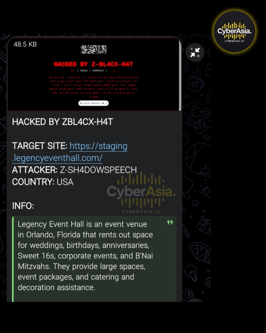 Legacy Event Hall’s Florida Site Hacked, Replaced With Anti-Israel Message - CyberAsia Threat Intel Evidence