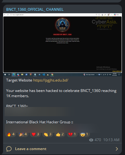 Bangladeshi Educational Institute - Telegram milestone claim by BNCT_1360 for CyberAsia
