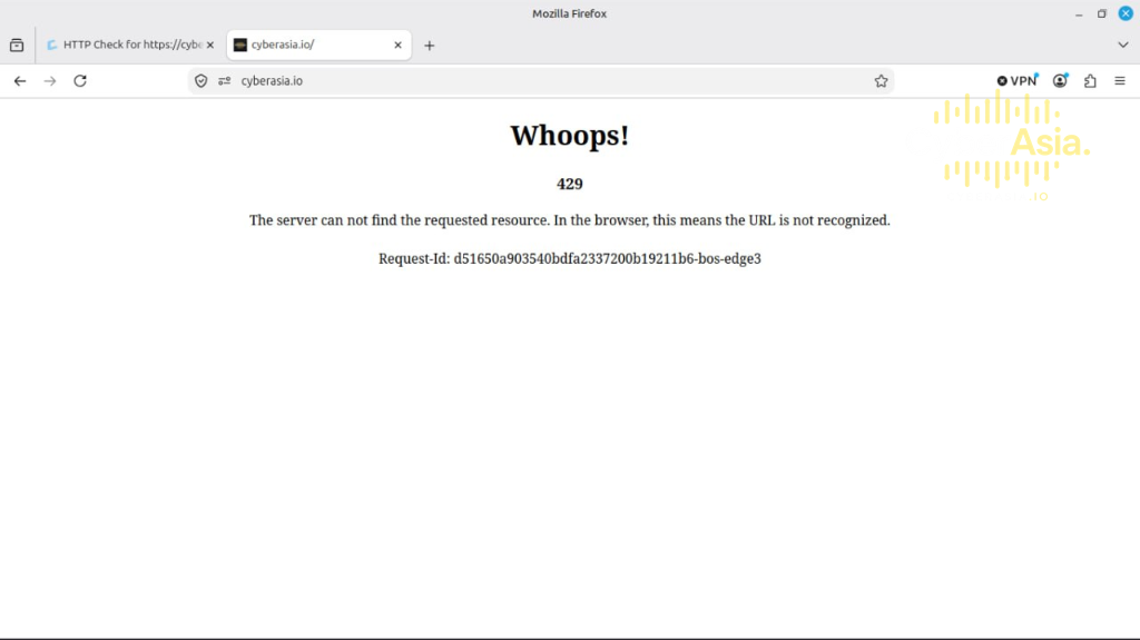 CyberAsia HTTP 429 Edge Rate Limit Error Page During 2 Hour Sustained DDoS Outage