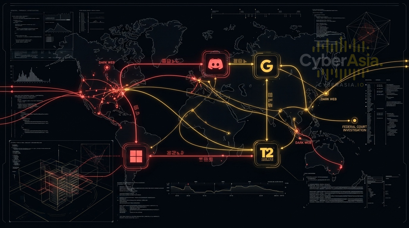 CyberLeeks - legal investigation matrix showing Take-Two subpoenas served on Discord, Google, and Microsoft for CyberAsia