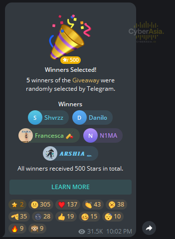 CyberLeeks - Telegram Stars giveaway announcement showing community gamification and 31.5K views for CyberAsia