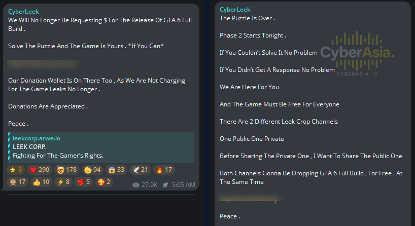 CyberLeeks - side-by-side Telegram announcements showing the interactive puzzle challenge and Phase 2 free GTA 6 full build release plan for CyberAsia