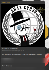 Screenshot of the XH4X CYB3R leak showing Disdukcapil Bogor data including NIK and addresses.