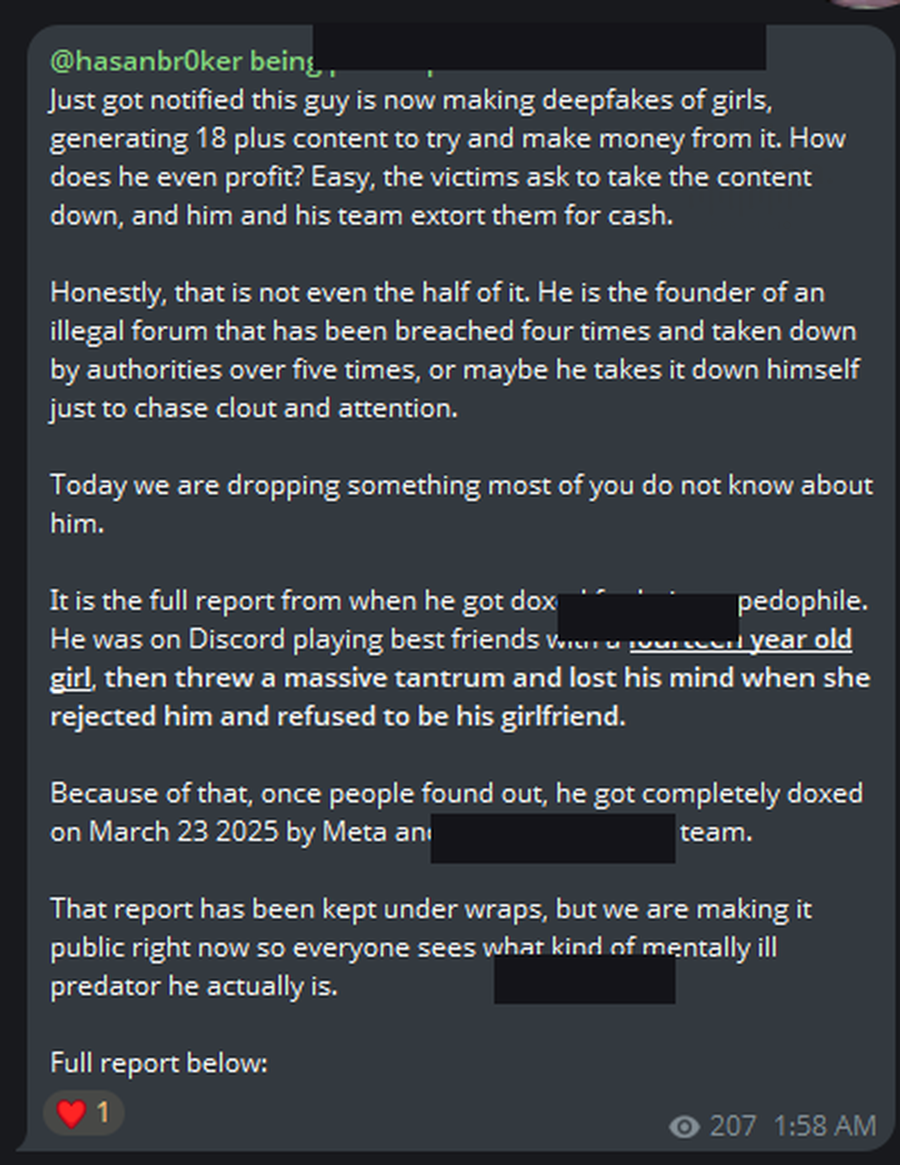 BreachForums Admin HasanBroker Dox Report Telegram Announcement by FEMBOYSec