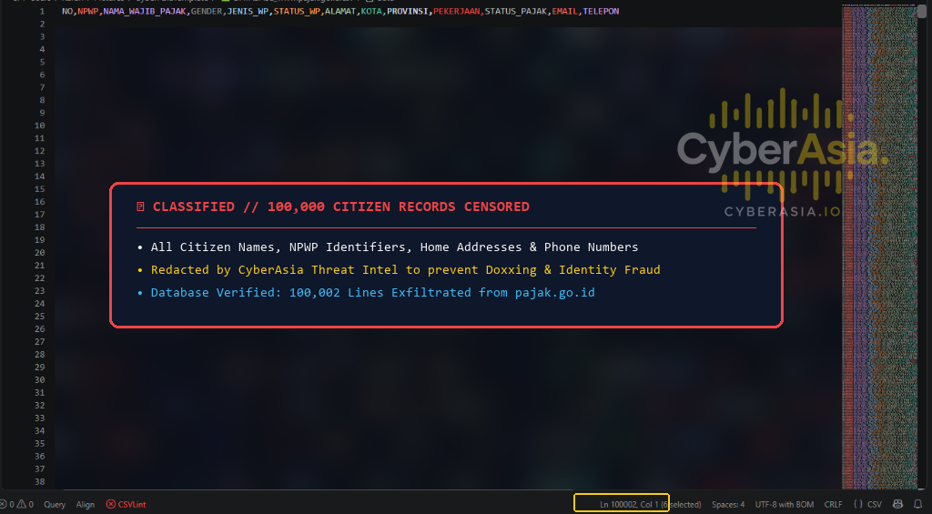 Indonesian Tax Data Breach 100000 Line CSV Database Sample with Redacted PII Columns