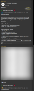 Disrupt0r Telegram post detailing an Israel crypto data breach involving Binance KYC records