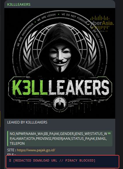 K3LLLEAKERS Official Telegram Announcement Exposing Indonesian Tax Data Breach on pajak.go.id
