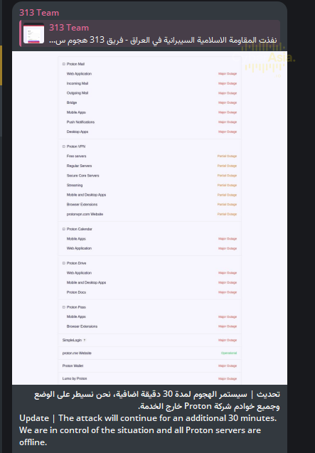 313 Team - official Proton status dashboard displaying major outage across all services for CyberAsia