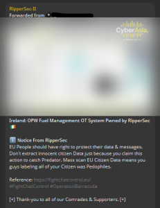 A blurred screenshot of an OPW Fuel Management System HMI compromised by RipperSec in Ireland.