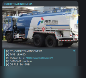 Screenshot showing the Cyber Team Indonesia Sadikun Data Leak claim featuring a Pertamina truck and database details