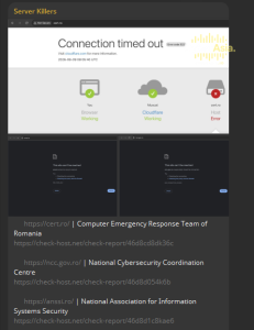 Server Killers Telegram post showing Cloudflare 522 errors for Romanian cybersecurity sites