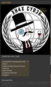 Screenshot of XH4X CYB3R Targets Universitas Negeri Malang leaking NIK, addresses, and phone numbers via a Mediafire link.