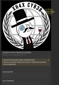 Indonesian student data breach screenshot showing SMPN 1 Yogyakarta leak by XH4X CYB3R