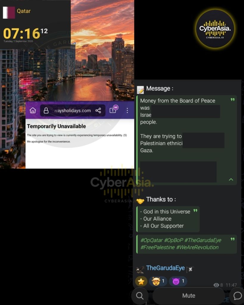 TheGarudaEye Targets Qatar Airways Holidays Over Board of Peace Funding - CyberAsia Threat Intel Evidence