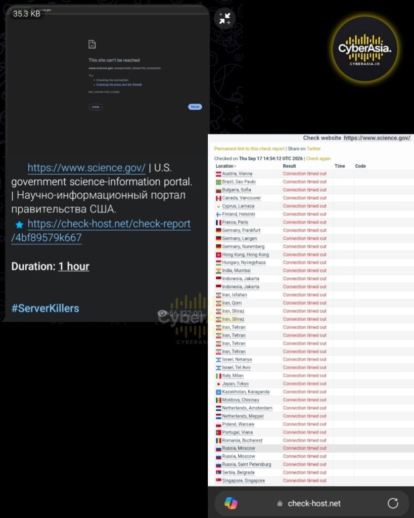 Figure 3 : Server Killers and the Science.gov disruption, all check-host nodes record Connection timed out