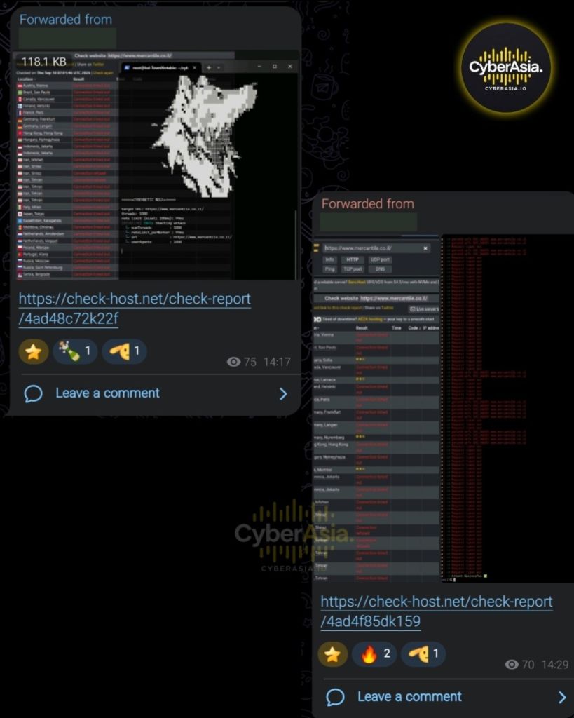 Figure 2 : Mercantile Discount Bank DDoS check-host.net report showing connection timed out results beside a CYBERNETIC WOLF terminal aimed at mercantile.co.il