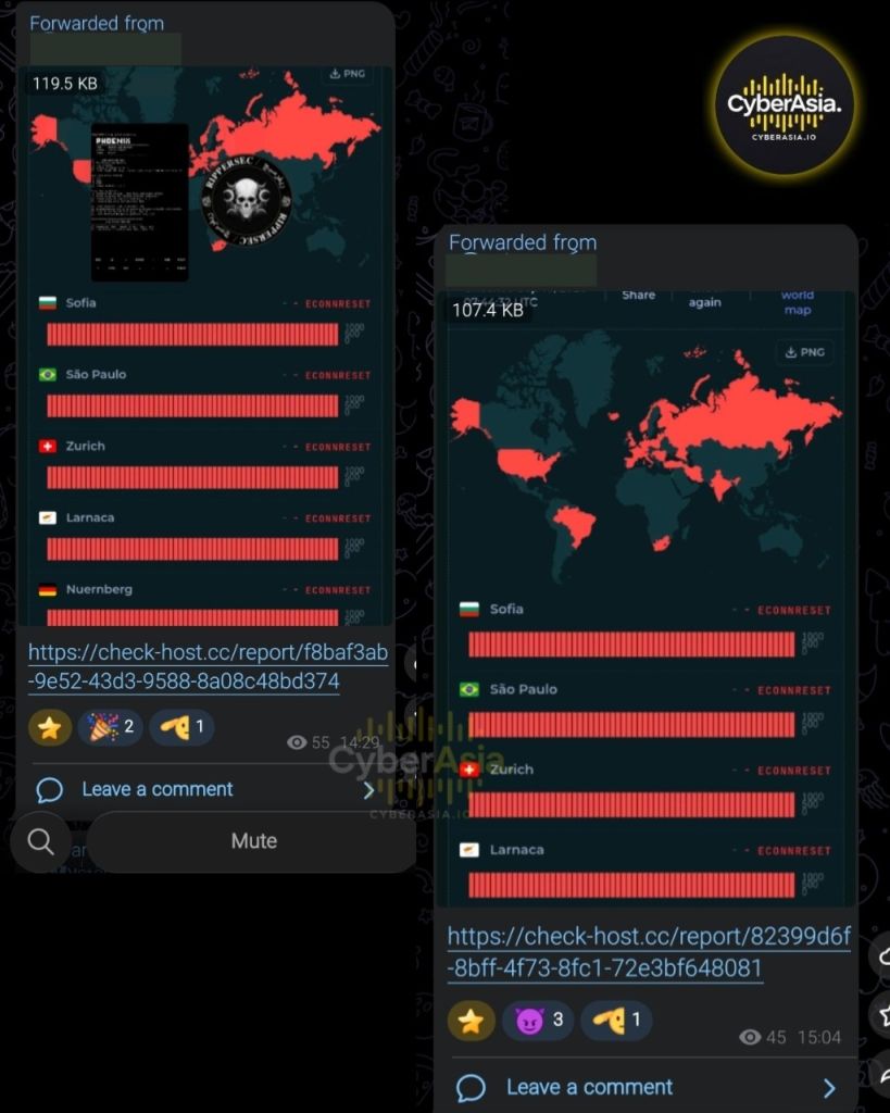 Figure 5 : Mercantile Discount Bank DDoS PHOENIX output with ECONNRESET bars for Sofia, São Paulo, Zurich, Larnaca and Nuremberg over a red world map