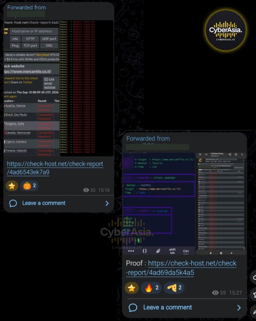 Figure 4 : Mercantile Discount Bank DDoS proof post with a PHANTOM terminal launching the FASTRIS method for 120 seconds beside a check-host.net timeout report