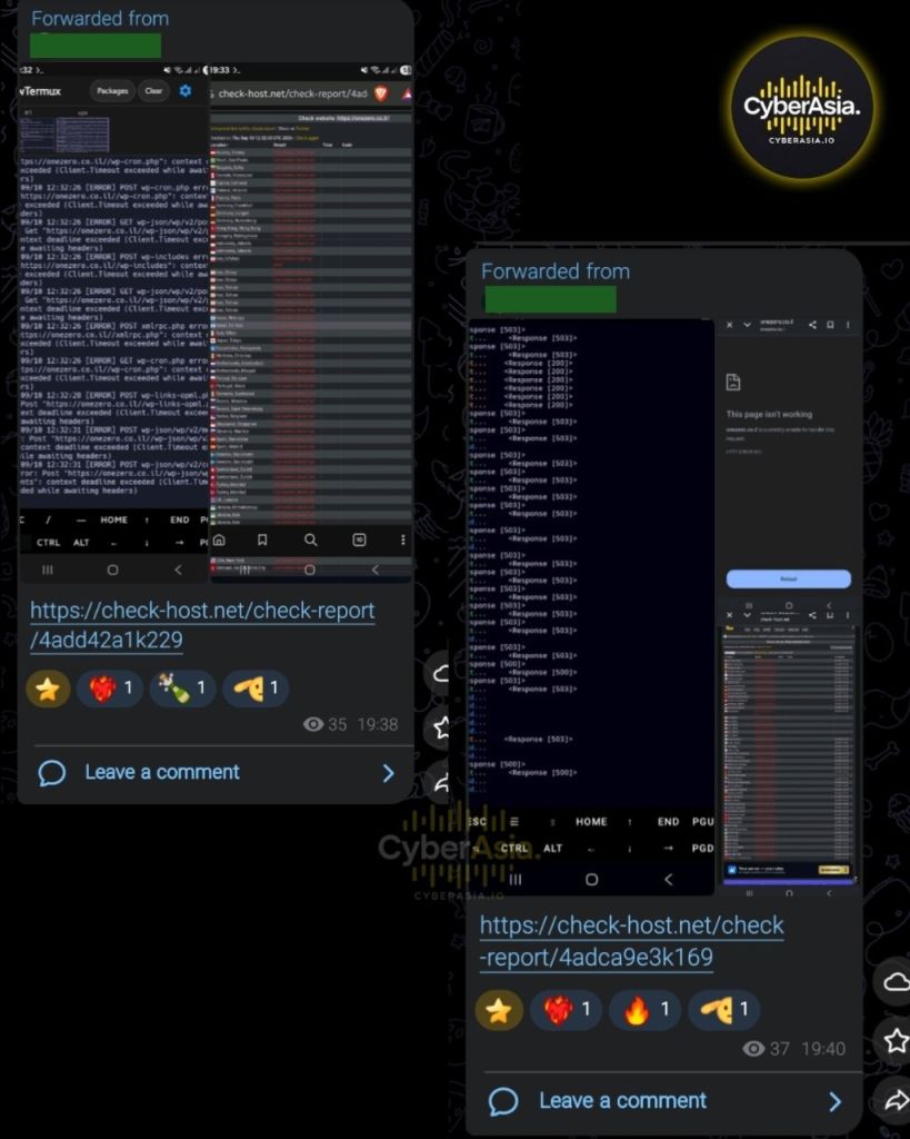 Figure 6 : RipperSec DDoS screenshots with an Indonesian-language keyboard and error page next to a second console and a red check-host map