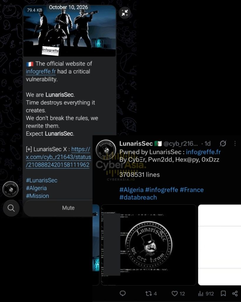 Figure 1 : LunarisSec Infogreffe post screenshots showing a channel message dated October 10, 2026 and an X post listing 3708531 lines