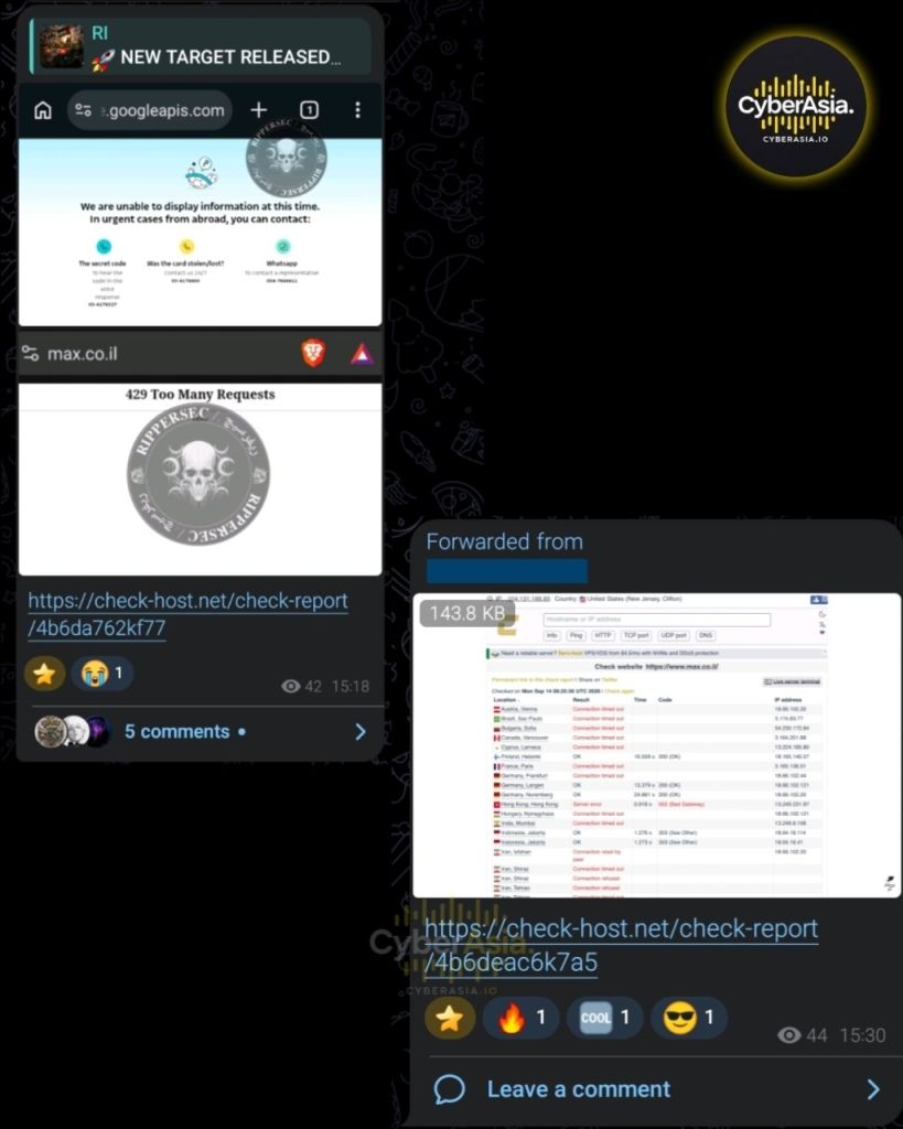 Figure 3 : RipperSec DDoS screenshots of a Max.co.il fallback notice, a 429 page and a check-host.net report