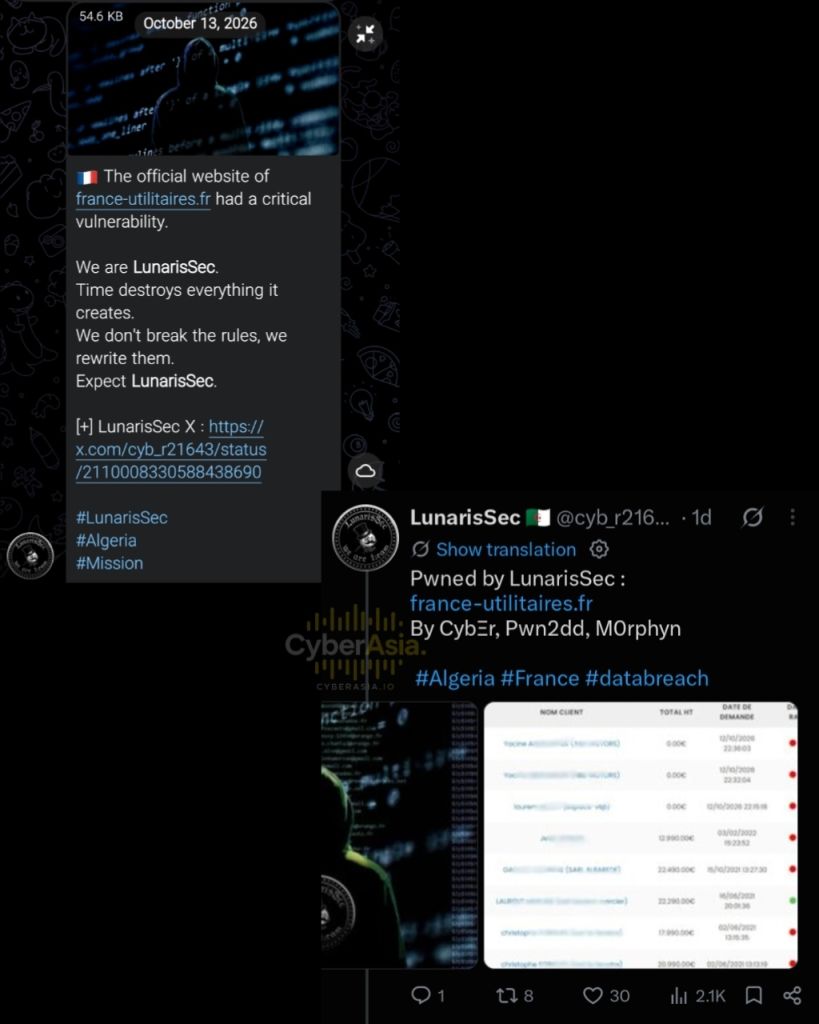 Figure 1 : France Utilitaires data breach announcement by LunarisSec showing the October 13, 2026 channel post and the X post with a customer table