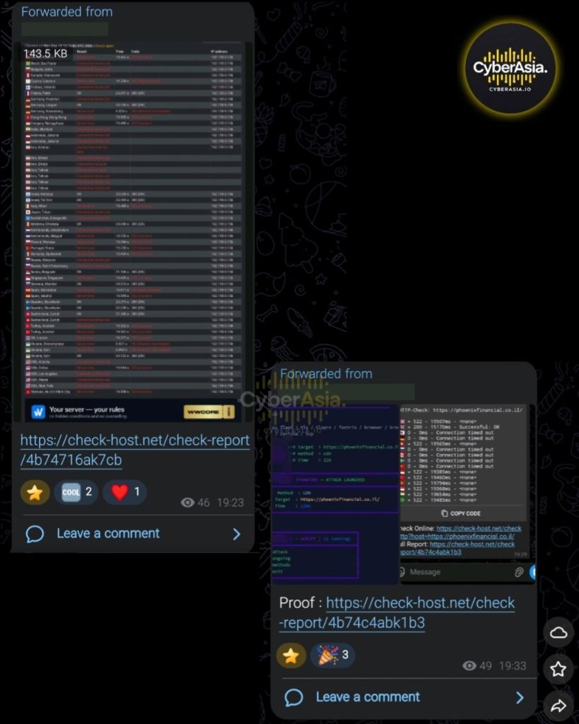 Figure 3 : check-host.net reports and terminal screenshot posted by RipperSec showing 522 errors and timeouts on phoenixfinancial.co.il