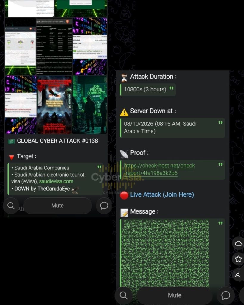 Figure 1 : TheGarudaEye DDoS announcement for Global Cyber Attack #0138 listing saudievisa.com as the target with a three hour duration