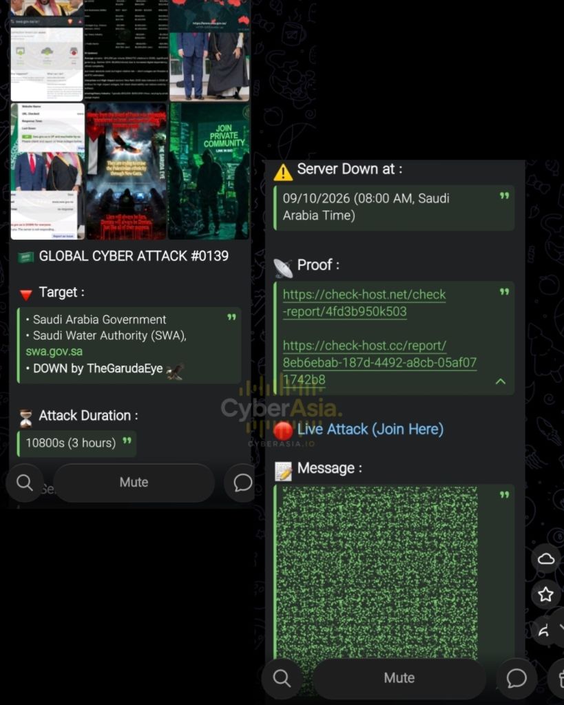 Figure 3 : TheGarudaEye DDoS announcement for Global Cyber Attack #0139 naming the Saudi Water Authority and swa.gov.sa as the target