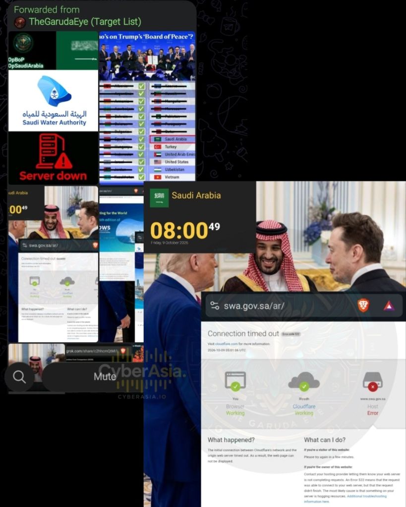 Figure 4 : Cloudflare Error 522 connection timed out page for swa.gov.sa with a Saudi Arabia clock showing 08:00 on 9 October 2026