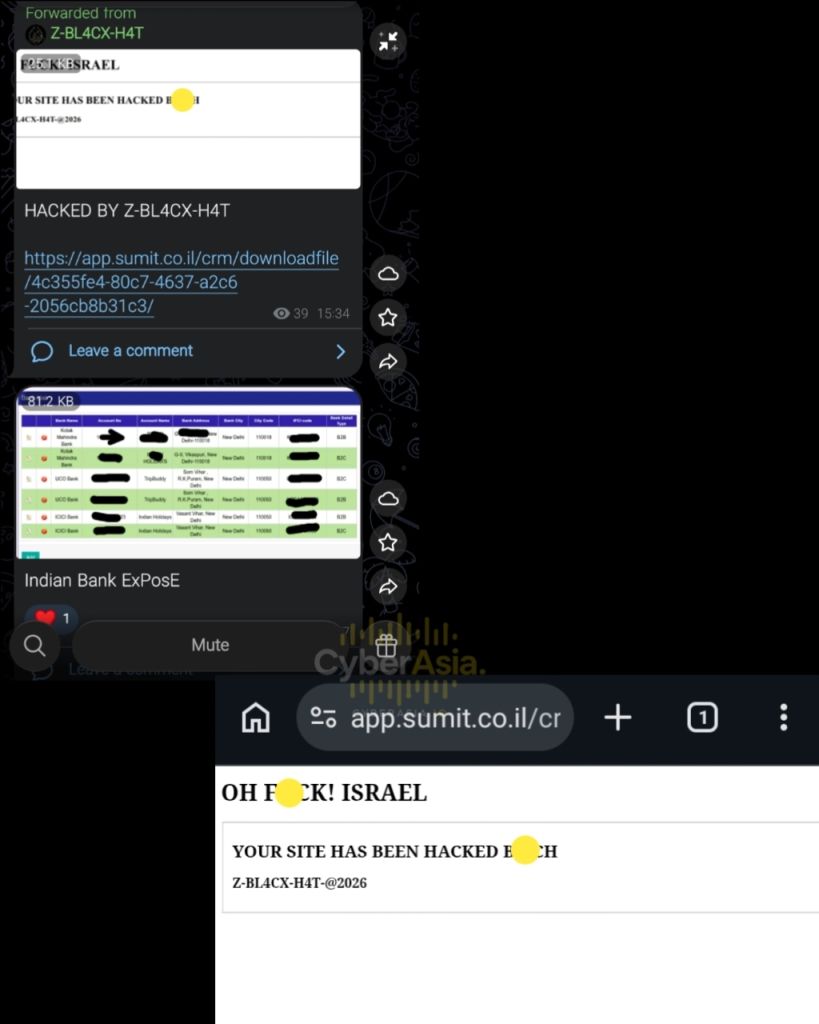 Figure 1 : Z-BL4CX-H4T defacement page served from app.sumit.co.il, with the Indian Bank ExPosE spreadsheet posted below it