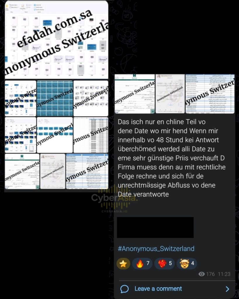 Figure 2 : Watermarked file explorer sample shared by Anonymous Switzerland, stamped with efadah.com.sa, showing card, document, and spreadsheet thumbnails