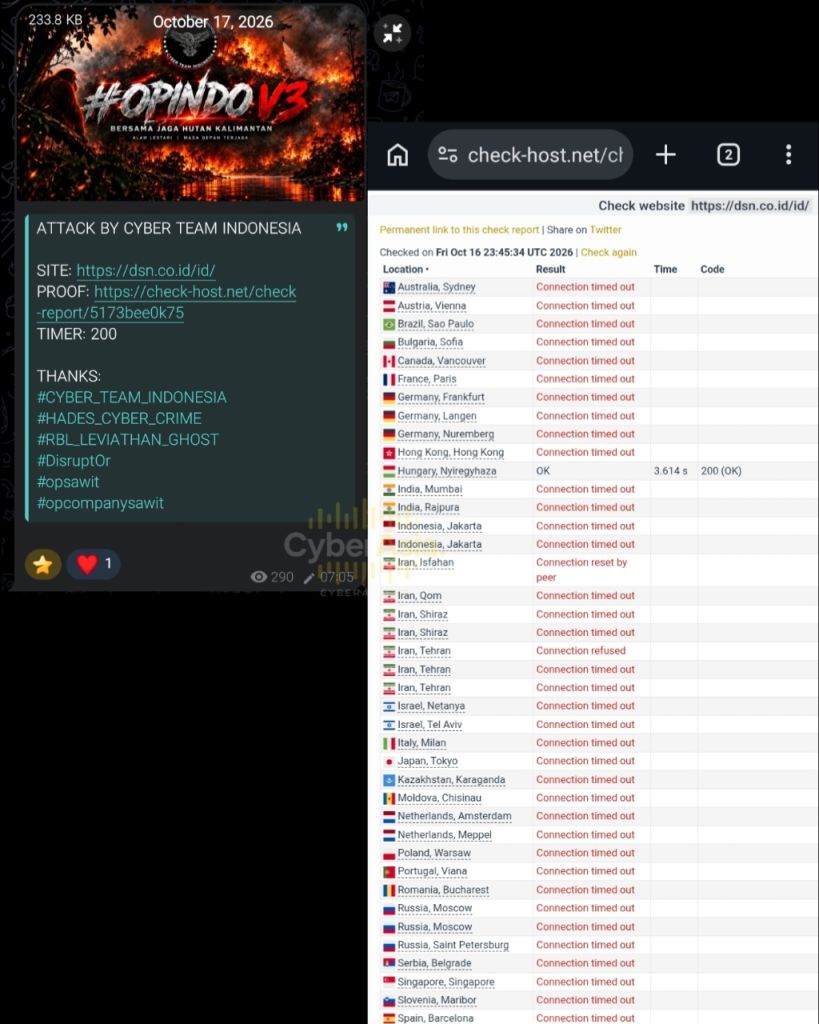 Figure 1 : Palm oil DDoS campaign post by Cyber Team Indonesia targeting dsn.co.id, with a check-host report showing timeouts from most probe locations
