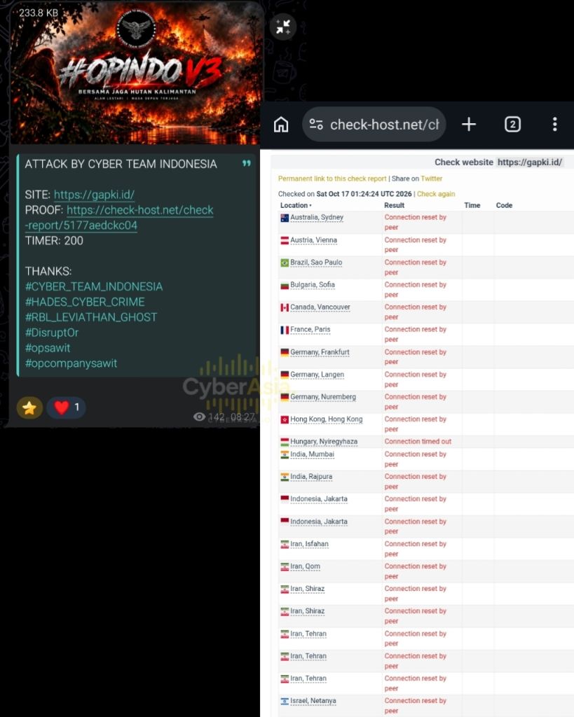 Figure 3 : Palm oil DDoS campaign post targeting gapki.id, with a check-host report showing connection reset by peer from most probe locations