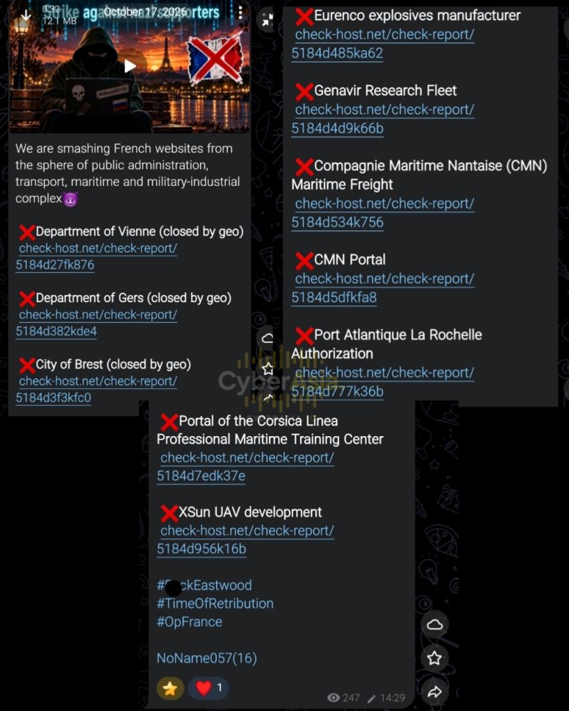 Figure 1 : Screenshot of the NoName057(16) post of October 17, 2026 listing ten French public, maritime and defense websites with check-host.net report links in a NoName057(16) DDoS campaign