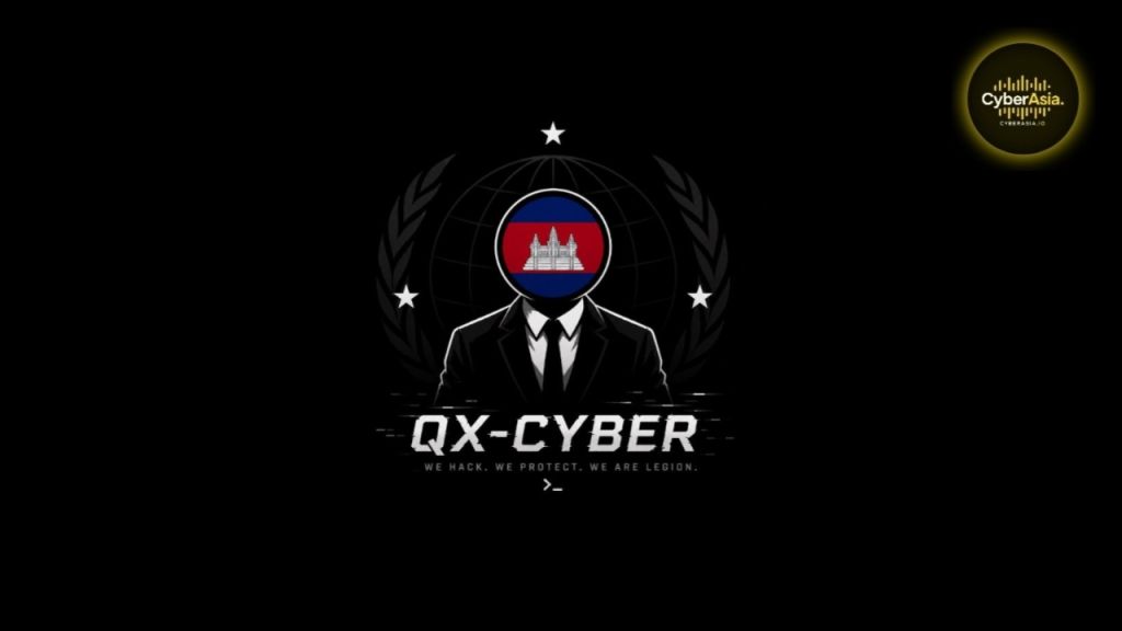 Figure 2 : QX-CYBER DDoS group logo with Cambodian flag motif and the tagline We hack, We protect, We are legion