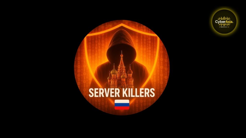 Figure 1 : Server Killers logo with a hooded silhouette, a binary-code shield, and the Russian flag