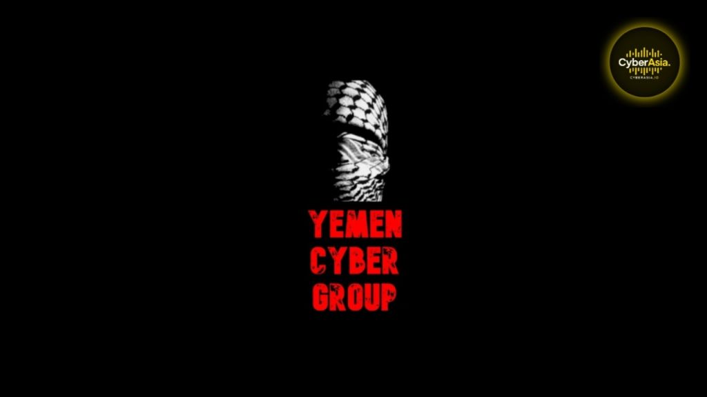 Figure 3 : Yemen Cyber Group logo with a masked figure in a black-and-white checkered scarf above red lettering on a black background